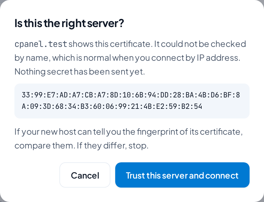 Dialog Is this the right server? with the fingerprint of the certificate and the buttons Cancel and Trust this server and connect.