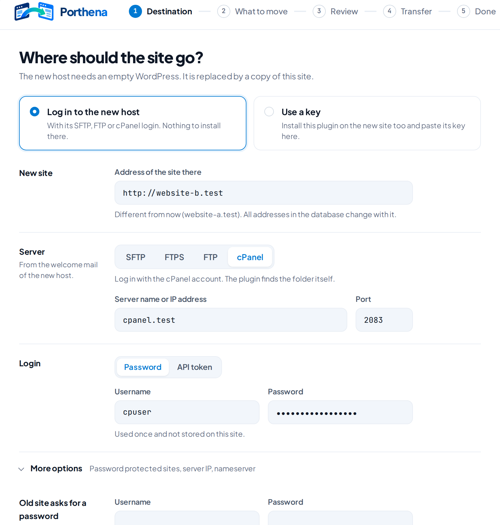 The Destination screen with cPanel chosen: address of the new site, server name and port, username and password, and More options opened.