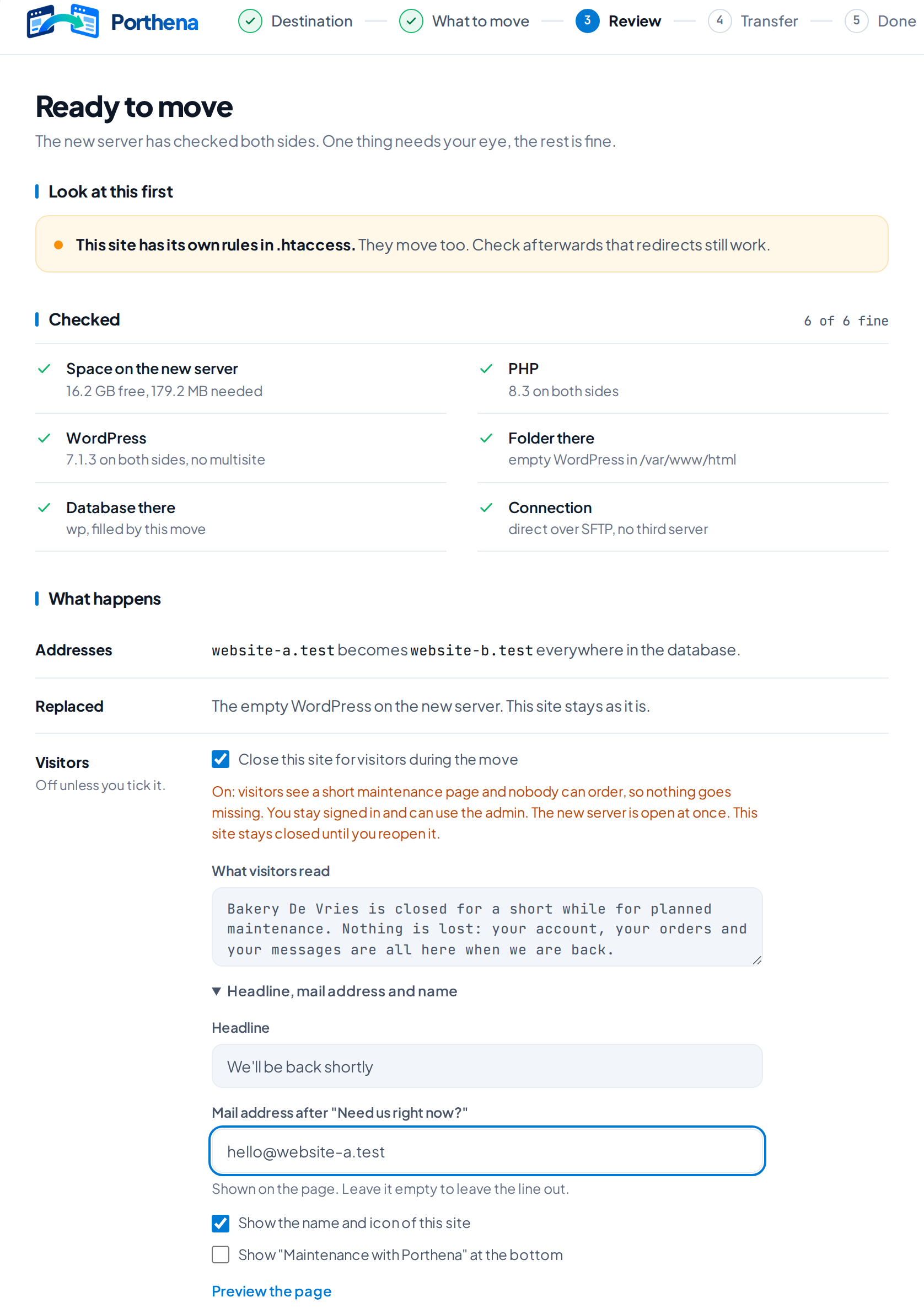 The Review screen: checks, what happens to the addresses, and Close this site for visitors ticked, with the text and the headline visitors read.