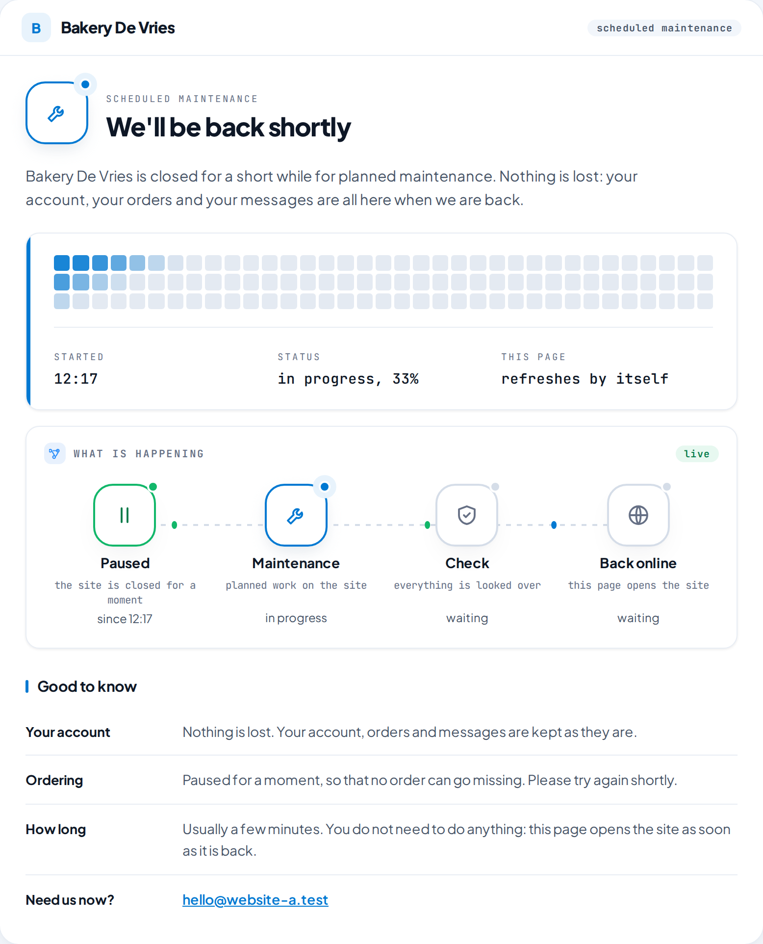 The shared status page: the headline, a block map, started at 12:17, in progress 33 percent, the stages Paused, Maintenance, Check and Back online, and Good to know.
