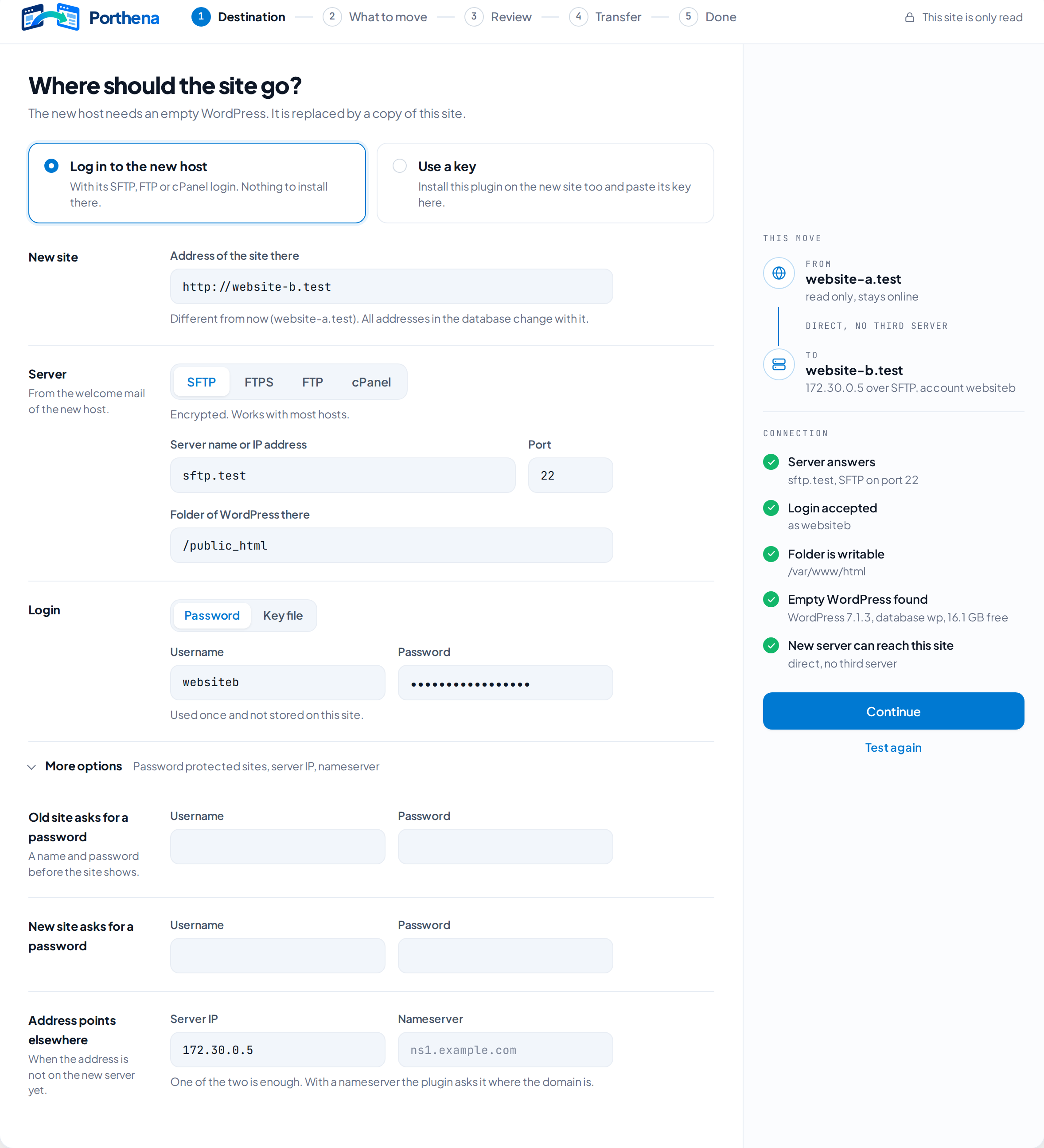 Destination screen: the login for the new host with five connection checks passed, from server answers to new server can reach this site