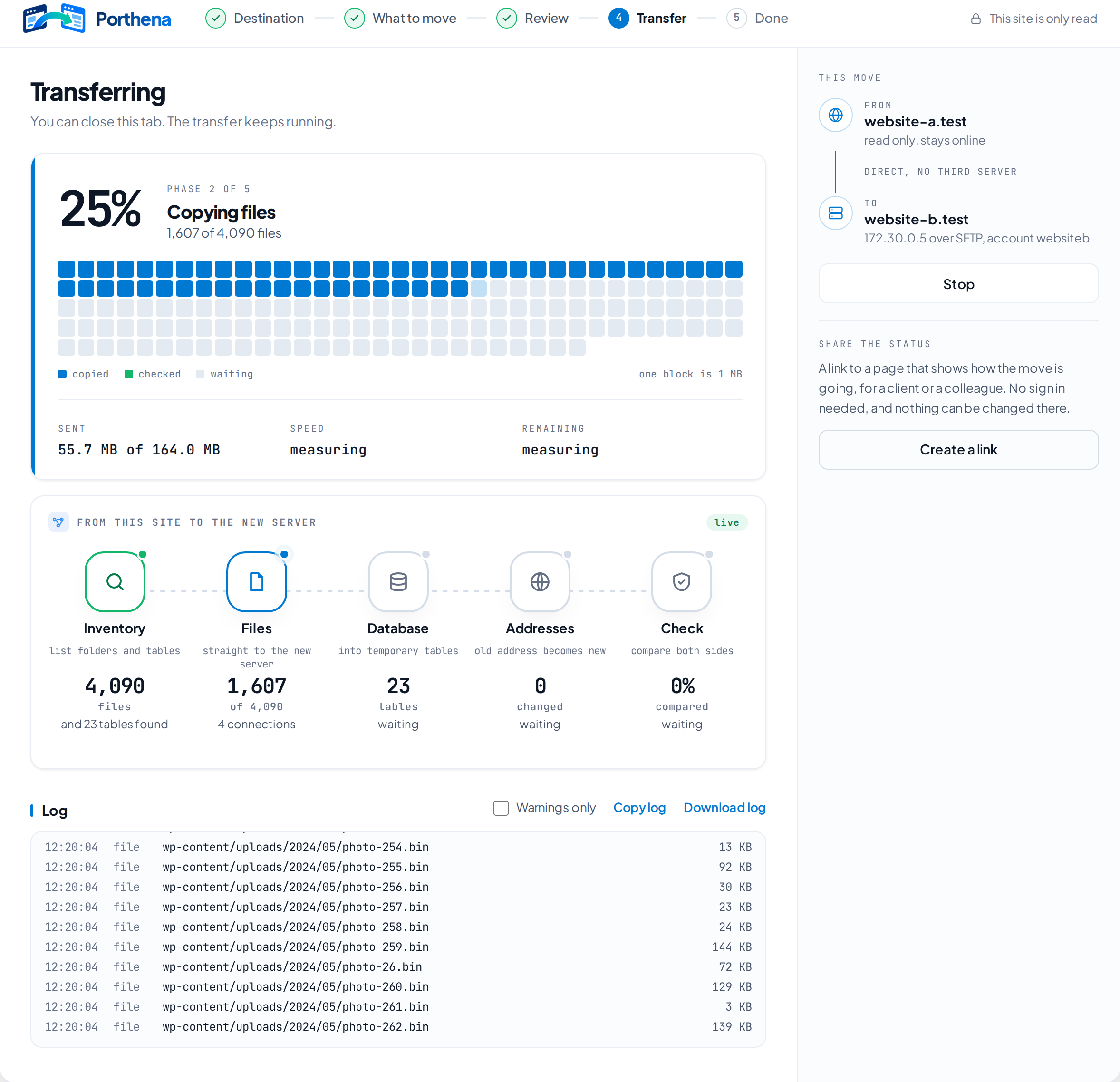 Transfer screen: 25 percent, copying files, a block map, the five stages and a live log
