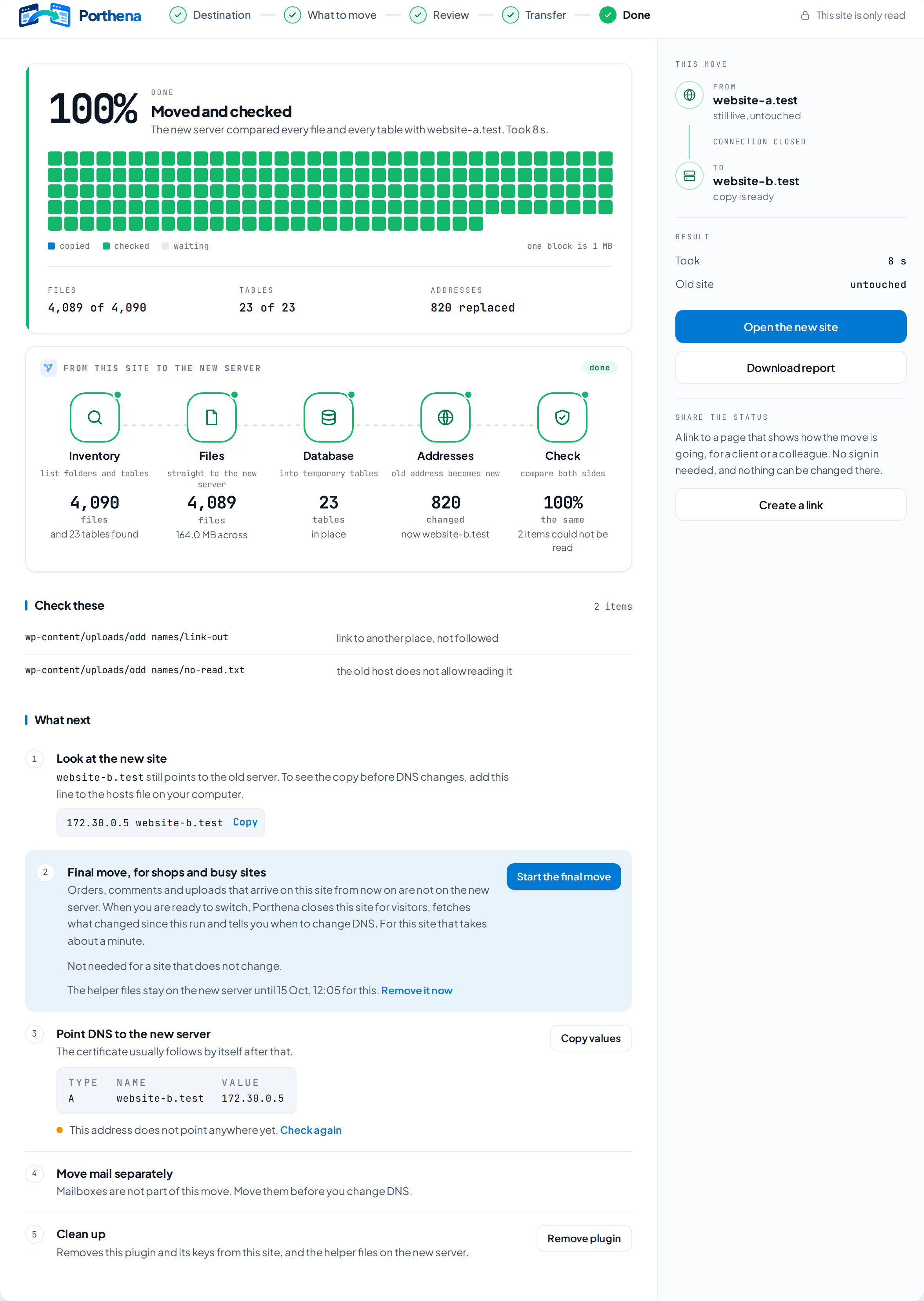 Done screen: 100 percent moved and checked, 820 addresses replaced, followed by the next steps for DNS and clean up