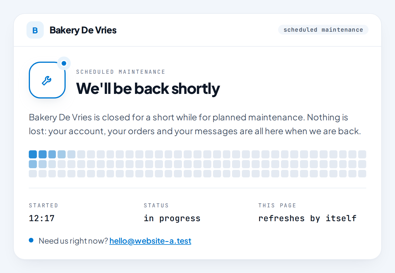 The maintenance page visitors see: the name of the site, We'll be back shortly, a short text, a block map and a mail address for urgent questions.